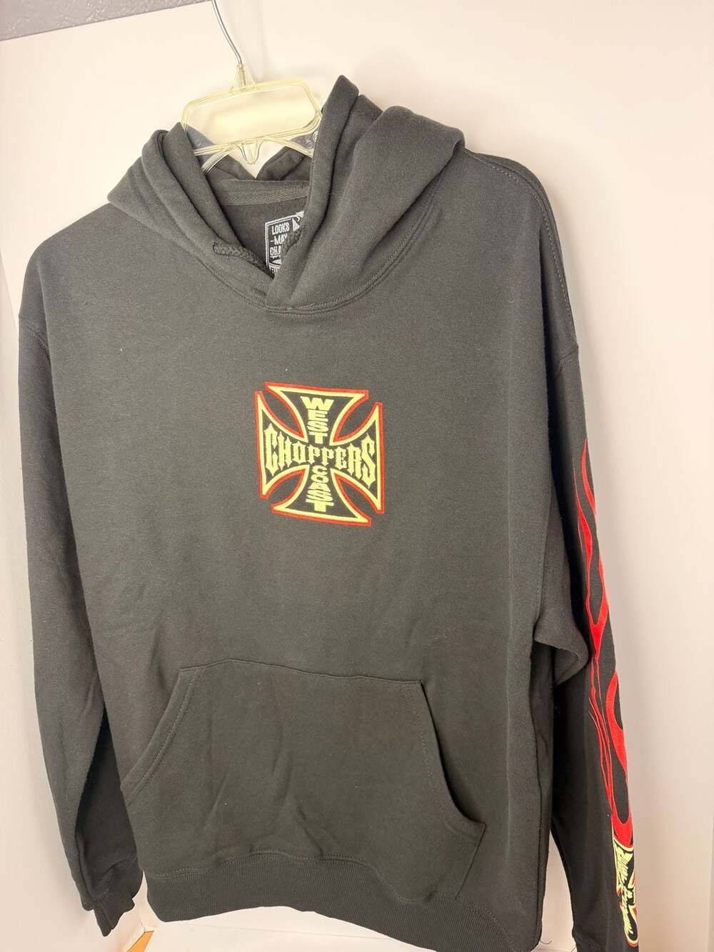 West Coast Choppers Black Pullover Hoodie Iron Cross Flames Size M